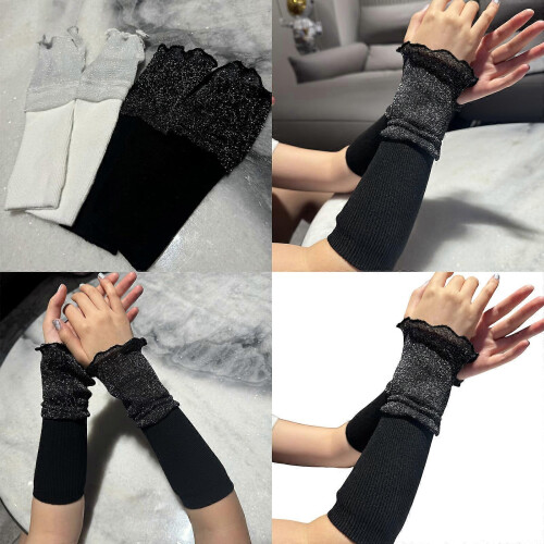 (Black) Elegant Polyester Arm Sleeves With Decorative Trim Edging Security And Thin Plan  White 1