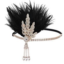 (Black and golden) 1920s Theme Event Hair Accessory Leaf Feathered Hairband with Rhinestones Decors For Masquerades and Derby Event Gathering White