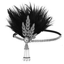(Gun black) 1920s Theme Event Hair Accessory Leaf Feathered Hairband with Rhinestones Decors For Masquerades and Derby Event Gathering White