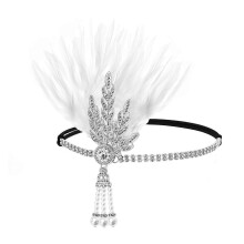 (White) 1920s Theme Event Hair Accessory Leaf Feathered Hairband with Rhinestones Decors For Masquerades and Derby Event Gathering White