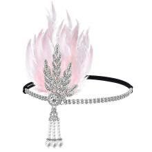 (Pink and silver) 1920s Theme Event Hair Accessory Leaf Feathered Hairband with Rhinestones Decors For Masquerades and Derby Event Gathering White