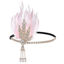 (Pink rose gold) 1920s Theme Event Hair Accessory Leaf Feathered Hairband with Rhinestones Decors For Masquerades and Derby Event Gathering White