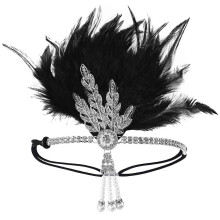 (Black and silver) 1920s Theme Event Hair Accessory Leaf Feathered Hairband with Rhinestones Decors For Masquerades and Derby Event Gathering White