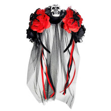 (Red and black) Halloween Mesh Arachnid Charm Wraith Flower Hairband Hair Hoop With Soft Fabric For Sensitive Skin And Children Use Red and white