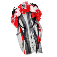 (Red and white) Halloween Mesh Arachnid Charm Wraith Flower Hairband Hair Hoop With Soft Fabric For Sensitive Skin And Children Use Red and white