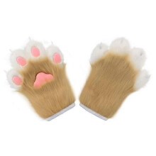 (Khaki) Faux Fur Plush Furry Cat Claw Gloves Animal Fox Paws Mittens