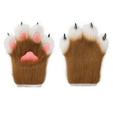 (Brown) Faux Fur Plush Furry Cat Claw Gloves Animal Fox Paws Mittens