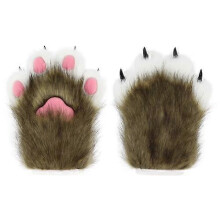 (Light Brown) Faux Fur Plush Furry Cat Claw Gloves Animal Fox Paws Mittens