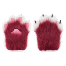 (Wine Red) Faux Fur Plush Furry Cat Claw Gloves Animal Fox Paws Mittens
