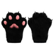 (Black) Faux Fur Plush Furry Cat Claw Gloves Animal Fox Paws Mittens