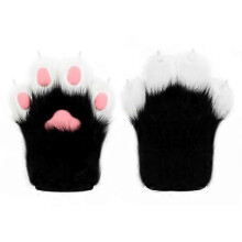 (Black White) Faux Fur Plush Furry Cat Claw Gloves Animal Fox Paws Mittens