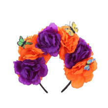 (purple orange) Day of The Dead Flower Headband Halloween Crown Floral Hair Wreath Party Headpiece with Butterflies Decor 4" Flower Tangerine