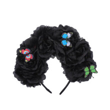 (Black) Day of The Dead Flower Headband Halloween Crown Floral Hair Wreath Party Headpiece with Butterflies Decor 4" Flower Tangerine