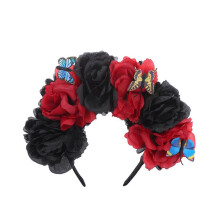 (black red) Day of The Dead Flower Headband Halloween Crown Floral Hair Wreath Party Headpiece with Butterflies Decor 4" Flower Tangerine