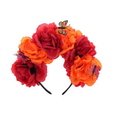 (Tangerine) Day of The Dead Flower Headband Halloween Crown Floral Hair Wreath Party Headpiece with Butterflies Decor 4" Flower Tangerine