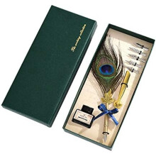 Vintage Quill Peacock Feather Pen Set, Calligraphy Set in Gift Box Includes Feather Dip Pen, Dip Pen, Bottle of Ink, Replacement Nibs, Pen Holder