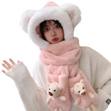 (Pink) Plush Bear Hooded Scarf Mittens Women Winter Warm Cute 3-in-1 Hat Thick Long Scarf Gloves for Xmas Birthday Gifts Girls  Pink