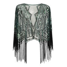 (Dark green) Vintage Ethnic Evening Shoulder Wrap Wearable Shawl Feature Decorative Sequins and Flowing Fringe for Themed Parties  silver gray