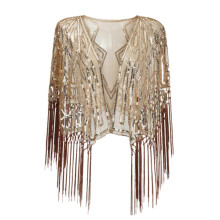 (Coffee) Vintage Ethnic Evening Shoulder Wrap Wearable Shawl Feature Decorative Sequins and Flowing Fringe for Themed Parties  silver gray