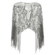 (silver gray) Vintage Ethnic Evening Shoulder Wrap Wearable Shawl Feature Decorative Sequins and Flowing Fringe for Themed Parties  silver gray
