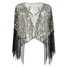 (black gold) Vintage Ethnic Evening Shoulder Wrap Wearable Shawl Feature Decorative Sequins and Flowing Fringe for Themed Parties  silver gray