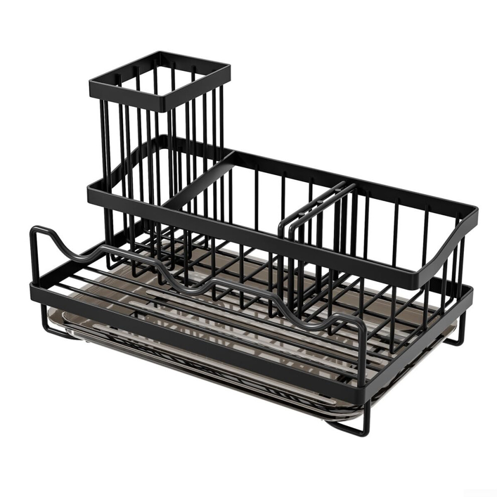Kitchen Sink Sponge Holder With Soap Dispenser, Drain Tray And Brush Organizer, Black 9347817748673