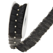 Organza Lace Trim With Faux Pearls 4.57M 50mm Black Pleated Transparent Ruffles Chiffon Sheer Tulle Ribbon For Sewing