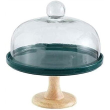 Cake Stand Ceramic Tray With Wooden Base Glass Cover Dessert Tray For Cakes Pastries Donuts Sushi