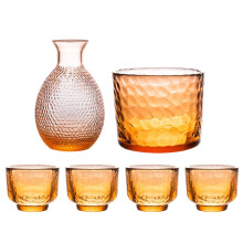 Japanese Crystal Sake Set with Cups and Flagon Amber Blue Smooth Pour Spout Ergonomic Grip