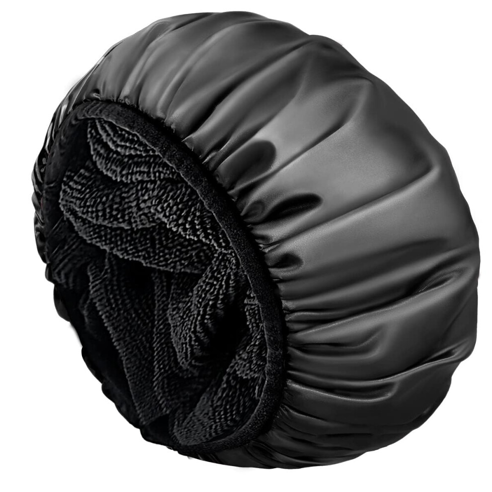 Black Shower Cap Terry Lined, Reusable, Triple Layer Waterproof Bath Cap For Women, Extra Large, Long Hair,