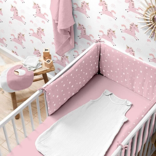 Drap housse bébé extensible en gaze de coton rose 60 x 120 cm 1