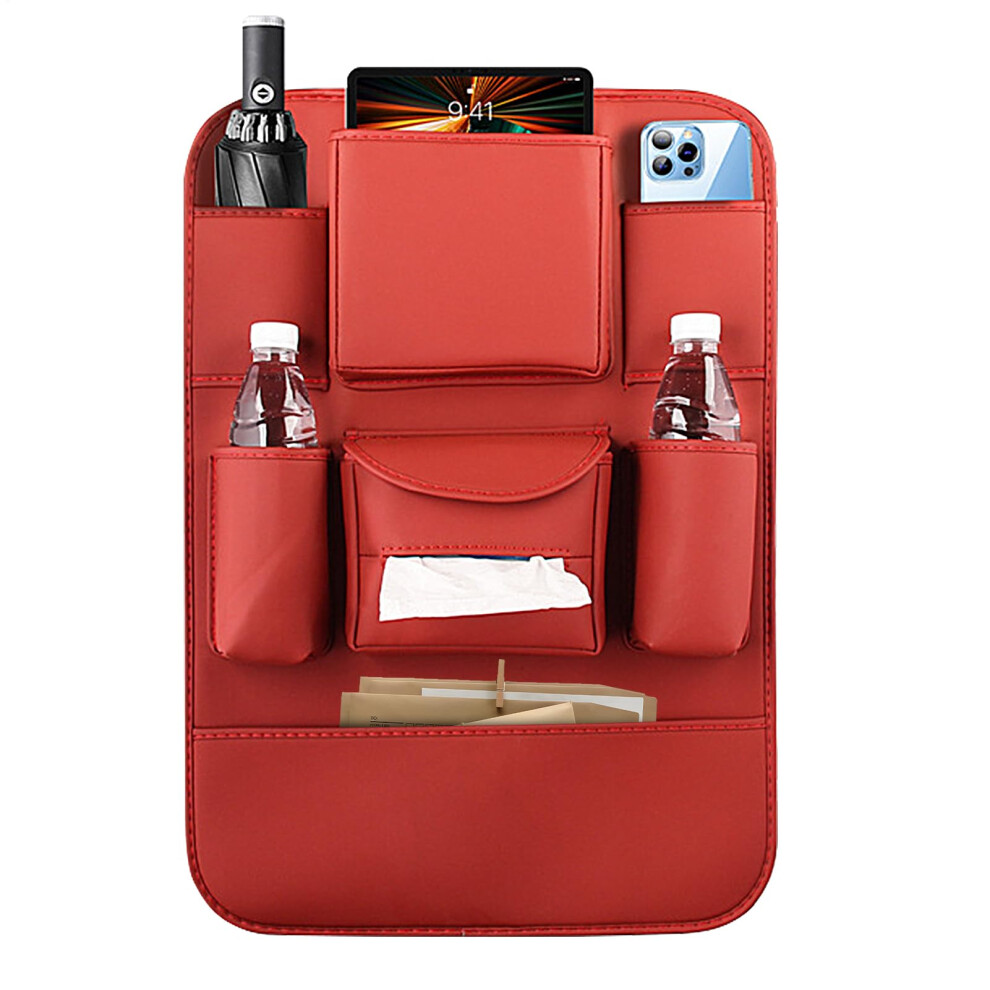 Leather Car Backseat Organizer With Multipocket Storage, Seat Protector For Toys And Snacks, Red 9199774157605