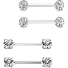 Katea 2 Pairs 316l Stainless Steel Nipple Rings Barbell Crystal Ball Piercing Nipple Cz Tongue Rings 14g S