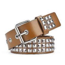 (Khaki) Studded Belt Rock Rivet Belt Punk Pu Leather Pyramid Studded Belt For Women Men Jeans Gothic Clothing Accessories
