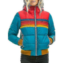 (L,Blue)Womens Rainbow Zip-up Winter Down Casual Striped Hooded Puffer Coat