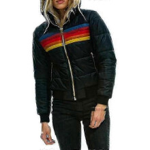 (XL,Black)Womens Rainbow Zip-up Winter Down Casual Striped Hooded Puffer Coat