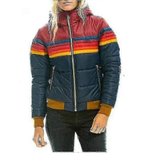 (L,Navy)Womens Rainbow Zip-up Winter Down Casual Striped Hooded Puffer Coat