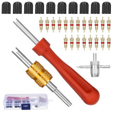Tyre Valve Remover Double And Single Head Valve Core 4Way Tool 10 Tyre Valve Caps 20 Gold Valve Cores