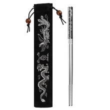 Stainless Steel Chopsticks 304 Reusable Ecofriendly with Drawstring Pouch 9.3in Dragon Black