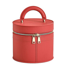(Round, Red) Handheld Zipper Cosmetic Bag with Lid Large Capacity Lightweight Toiletry Bag
