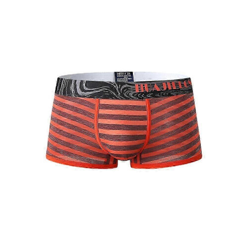 (L,Orange)Mens Striped Ice Silk Translucent Breathable Thin Elastic Mid Waist Boxers