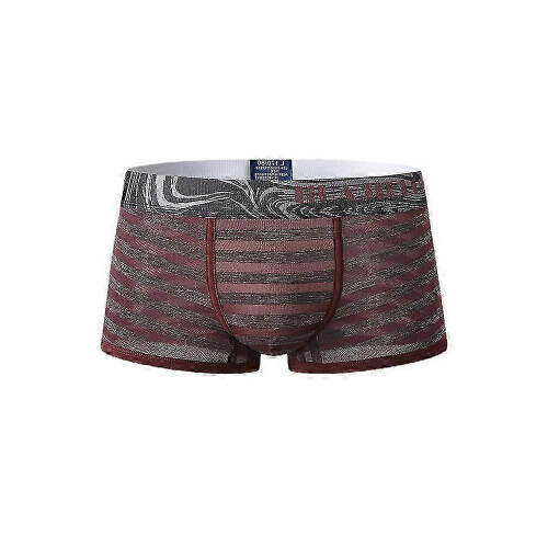 (M,Red)Mens Striped Ice Silk Translucent Breathable Thin Elastic Mid Waist Boxers