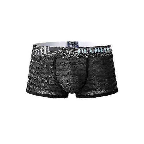 (M,Black)Mens Striped Ice Silk Translucent Breathable Thin Elastic Mid Waist Boxers