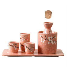 Japanese Sake Set 7 Piece Hand Painted Ceramic with LeakProof Spout and Ergonomic Grip