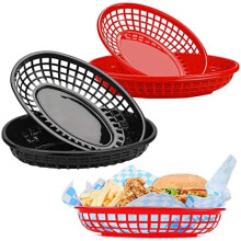 Pommes Körbchen 6-Pack Reusable Oval French Fry Baskets, Red & Black Snack Serving Trays for Fries, Shrimp, Onion Rings, Fruit, Party Picnic BBQ