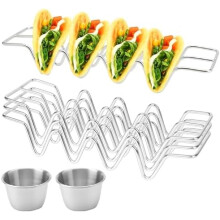 ZMDMAH 3-Piece Taco Holder Set with 2 Pcs 70ml Sauce Cups, Stainless Steel Taco Stand, Hot Dog Holder, Wave-Form Food Stand for Family Parties