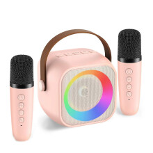 Karaoke Machine for Kids and Adults, Portable Bluetooth Speaker with 2 Wireless Microphones and LED Lights, Pink, Ideal Birthday Gift for Ages 4-12