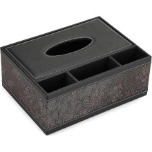 Tissue Box PU Leather Rectangular Tissue Dispenser with 3 Compartments Desk Organizer for Remote Con