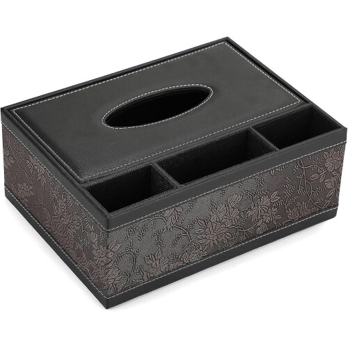 Tissue Box PU Leather Rectangular Tissue Dispenser with 3 Compartments Desk Organizer for Remote Con