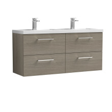 Balterley Level 1200mm Wall Hung 4 Drawer Vanity Unit & Double Basin for Modern Bathroom Storage - Solace Oak